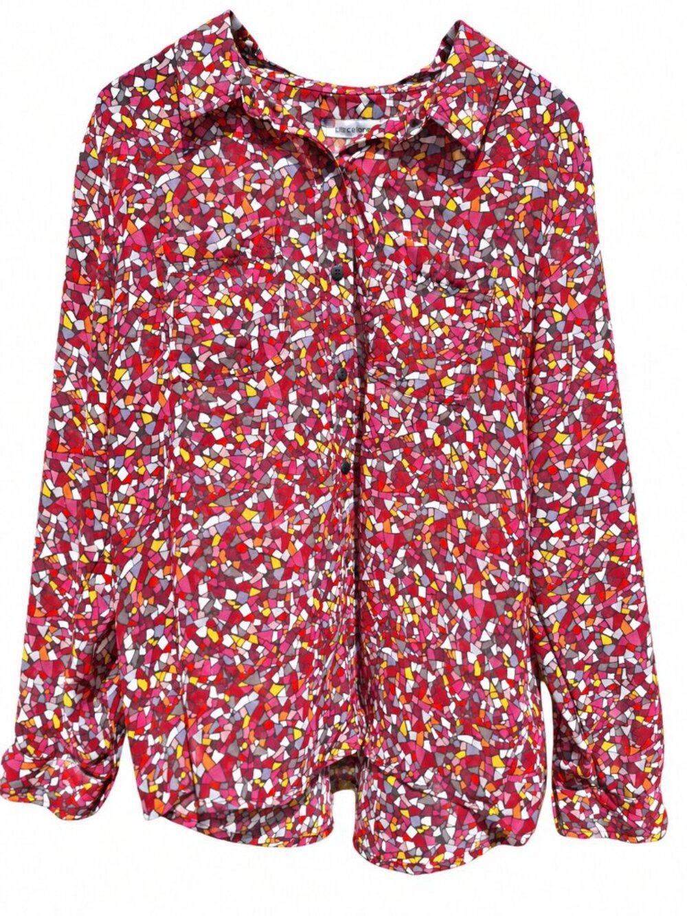 Liz Claiborne XL Mosaic Print Blouse Red Artsy Maximalist Button Up